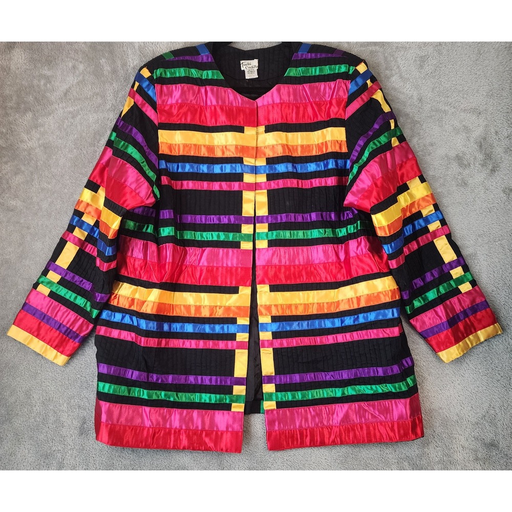 Tachi Castillo Ribbon Jacket Womens L/ XL Multicolor Rainbow Stripe Open Front
